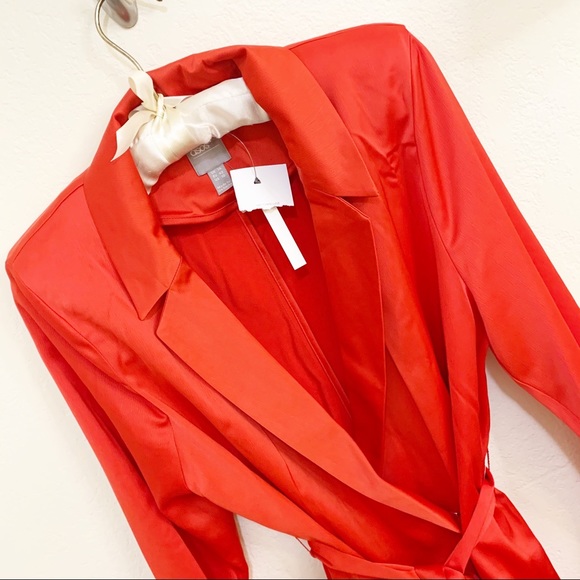 ASOS RED SATIN NOTCH COLLAR LONG BELTED BLAZER - Picture 4 of 7